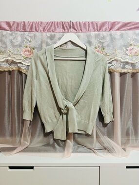 Khaki Grey Cashmere Silk Blend Deep V Self Tie 3/4 Sleeve Pullover Sweater